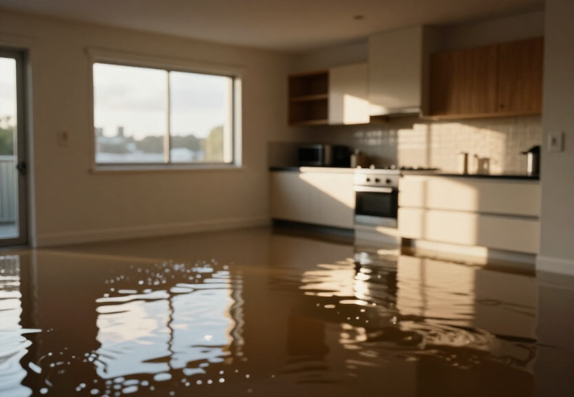 Flooded commercial kitchen in Loftus before cleanup